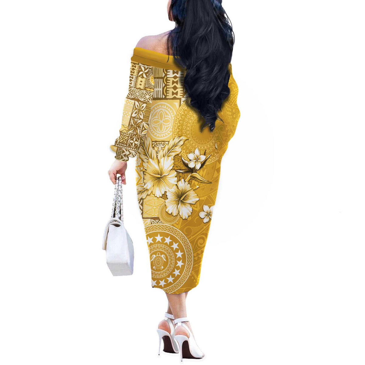 Cook Islands Off The Shoulder Long Sleeve Dress Yellow Hibiscus And Stars