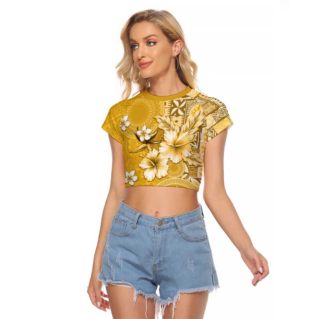 Cook Islands Raglan Cropped T Shirt Yellow Hibiscus And Stars LT05 Female Yellow - Polynesian Pride