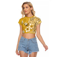 Cook Islands Raglan Cropped T Shirt Yellow Hibiscus And Stars LT05 Female Yellow - Polynesian Pride