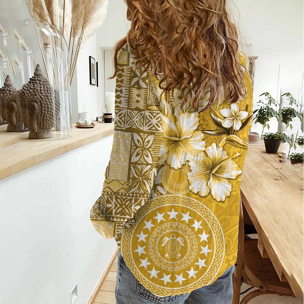 Cook Islands Women Casual Shirt Yellow Hibiscus And Stars