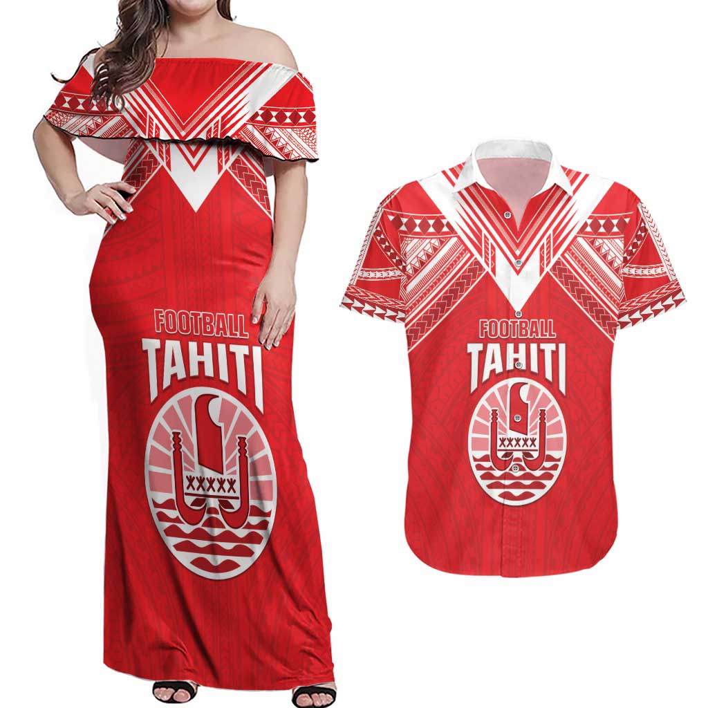Custom Tahiti Football Couples Matching Off Shoulder Maxi Dress and Hawaiian Shirt Coat Of Arms Polynesian Tribal Pattern