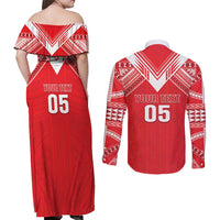 Custom Tahiti Football Couples Matching Off Shoulder Maxi Dress and Long Sleeve Button Shirt Coat Of Arms Polynesian Tribal Pattern