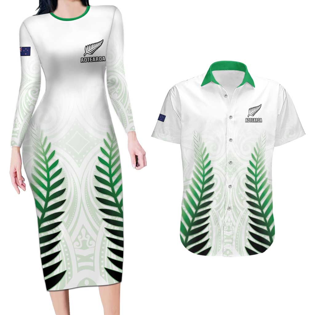 Custom New Zealand Fern Football Couples Matching Long Sleeve Bodycon Dress and Hawaiian Shirt Simple Style