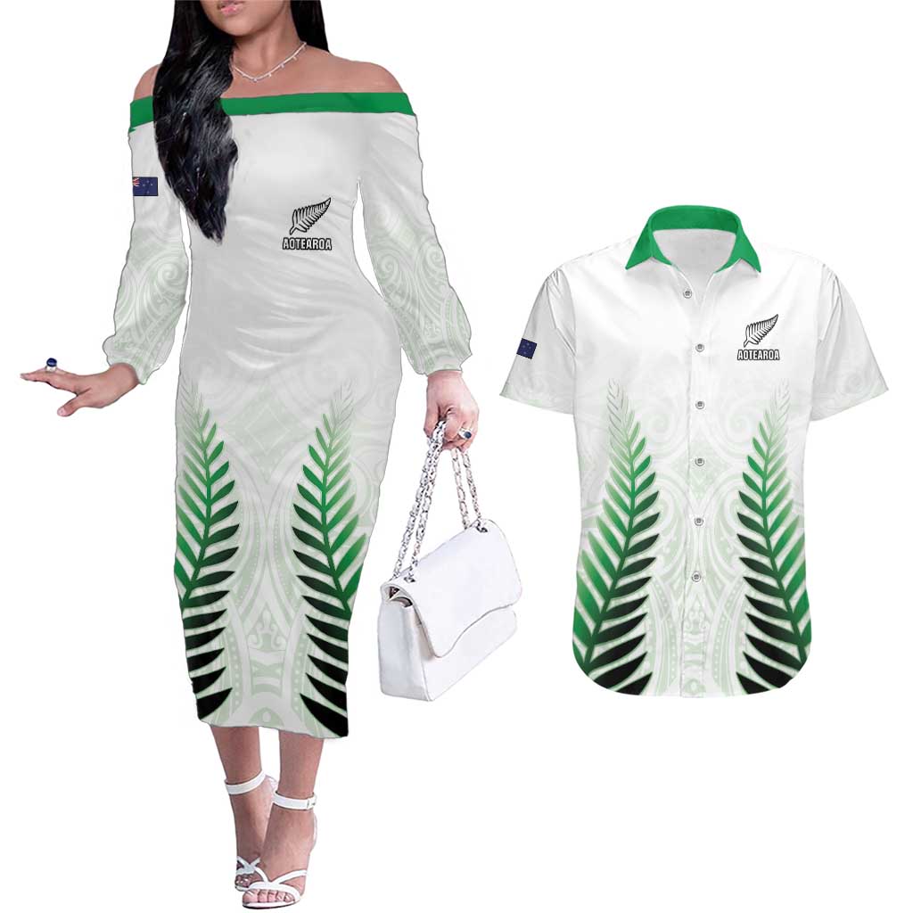 Custom New Zealand Fern Football Couples Matching Off The Shoulder Long Sleeve Dress and Hawaiian Shirt Simple Style