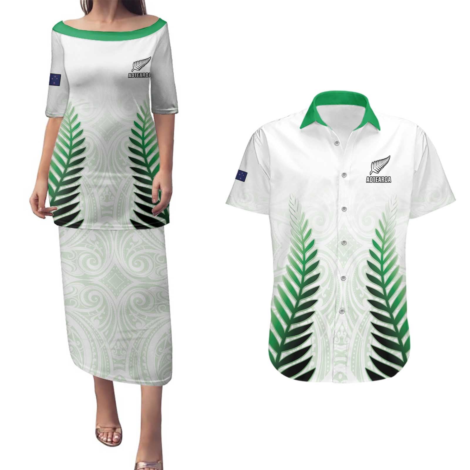 Custom New Zealand Fern Football Couples Matching Puletasi and Hawaiian Shirt Simple Style