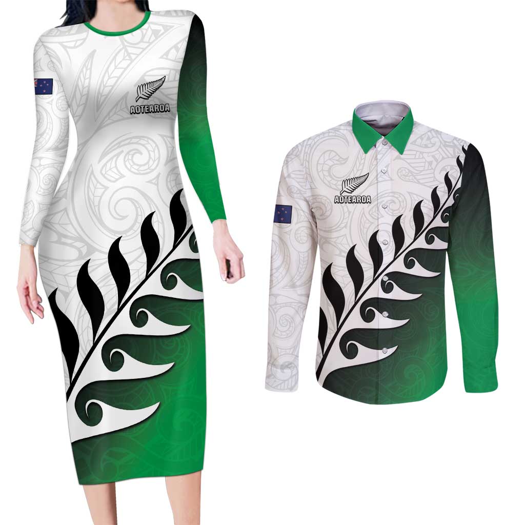 Custom New Zealand Football Couples Matching Long Sleeve Bodycon Dress and Long Sleeve Button Shirt Go Aotearoa LT05 Green - Polynesian Pride