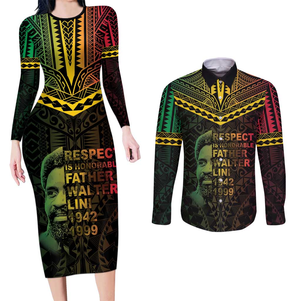 Happy Vanuatu Father Lini Day Couples Matching Long Sleeve Bodycon Dress and Long Sleeve Button Shirt LT05 Black - Polynesian Pride