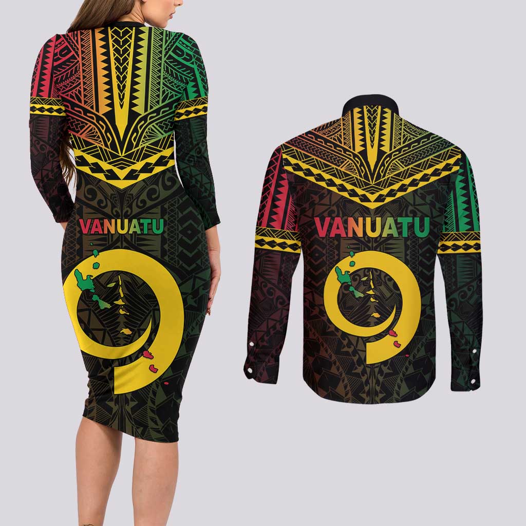 Happy Vanuatu Father Lini Day Couples Matching Long Sleeve Bodycon Dress and Long Sleeve Button Shirt LT05 - Polynesian Pride