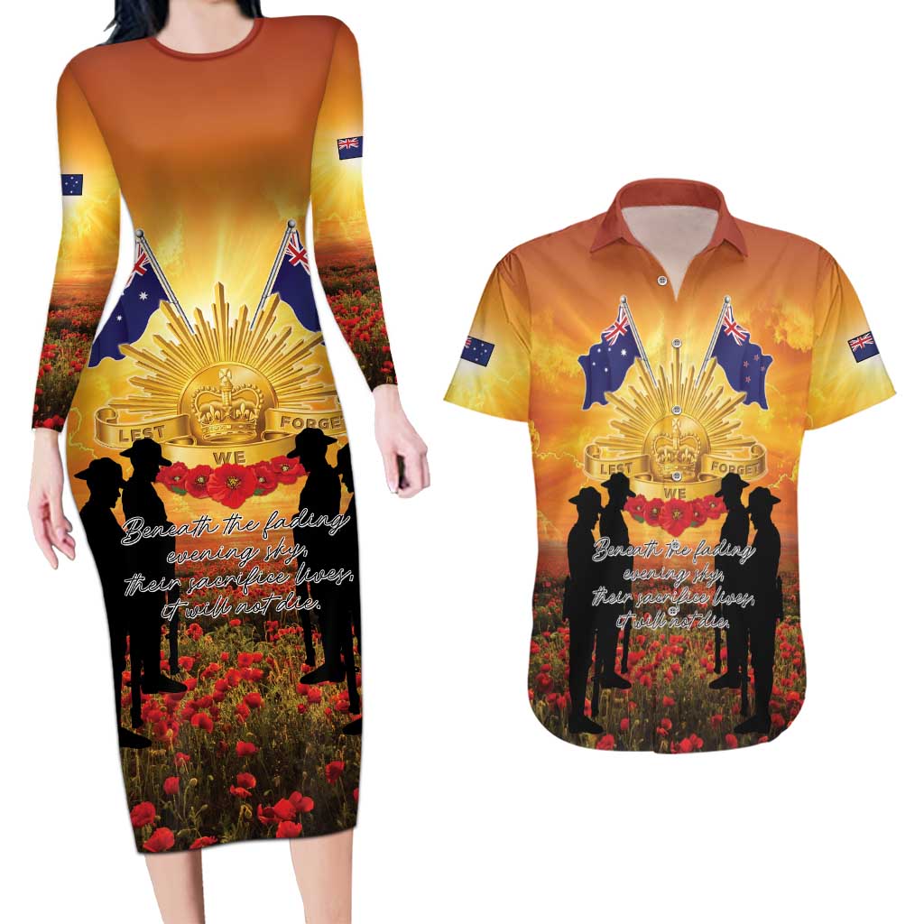 ANZAC Day Couples Matching Long Sleeve Bodycon Dress and Hawaiian Shirt Remembrance Tribute Soldiers And Poppy Field