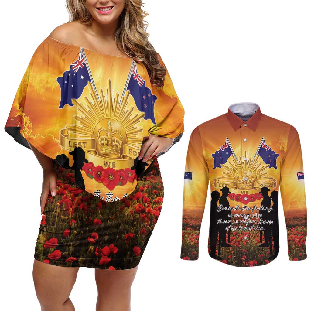ANZAC Day Couples Matching Off Shoulder Short Dress and Long Sleeve Button Shirt Remembrance Tribute Soldiers And Poppy Field