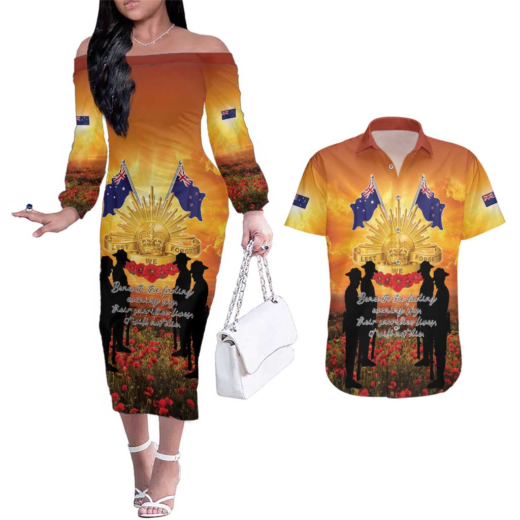 ANZAC Day Couples Matching Off The Shoulder Long Sleeve Dress and Hawaiian Shirt Remembrance Tribute Soldiers And Poppy Field
