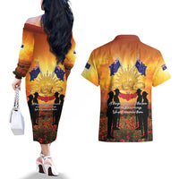 ANZAC Day Couples Matching Off The Shoulder Long Sleeve Dress and Hawaiian Shirt Remembrance Tribute Soldiers And Poppy Field