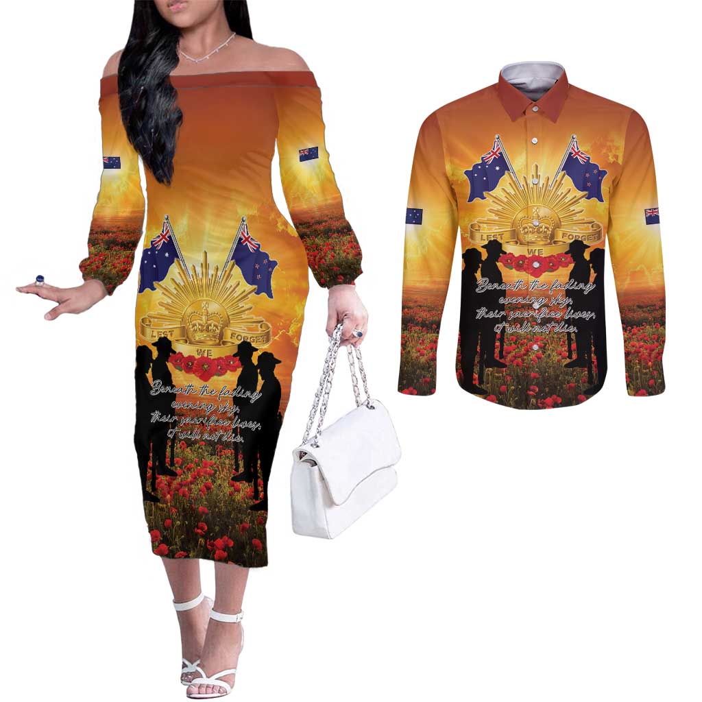 ANZAC Day Couples Matching Off The Shoulder Long Sleeve Dress and Long Sleeve Button Shirt Remembrance Tribute Soldiers And Poppy Field