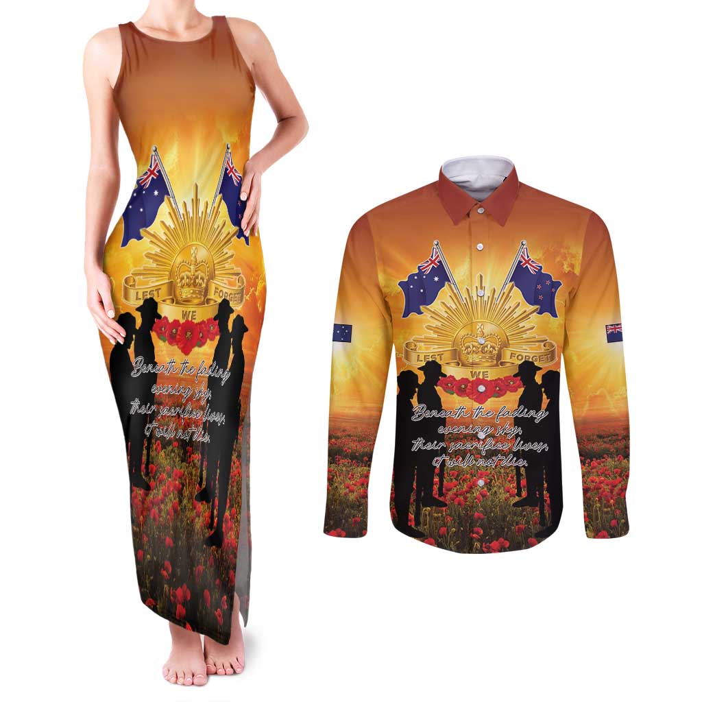 ANZAC Day Couples Matching Tank Maxi Dress and Long Sleeve Button Shirt Remembrance Tribute Soldiers And Poppy Field