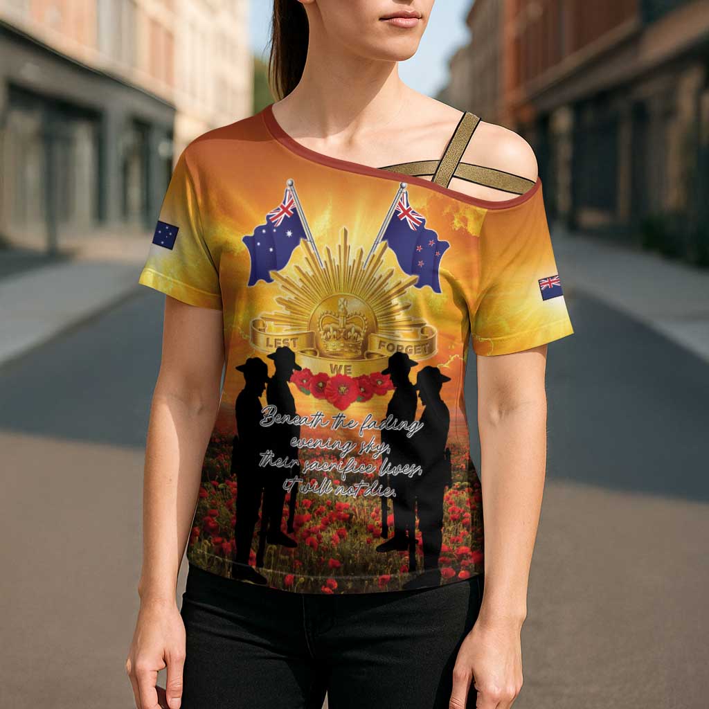 ANZAC Day Cross Shoulder Shirt Remembrance Tribute Soldiers And Poppy Field