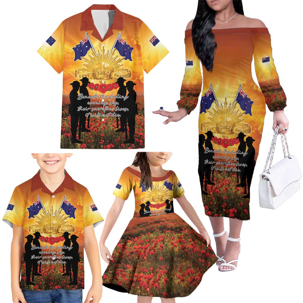 ANZAC Day Family Matching Off The Shoulder Long Sleeve Dress and Hawaiian Shirt Remembrance Tribute Soldiers And Poppy Field
