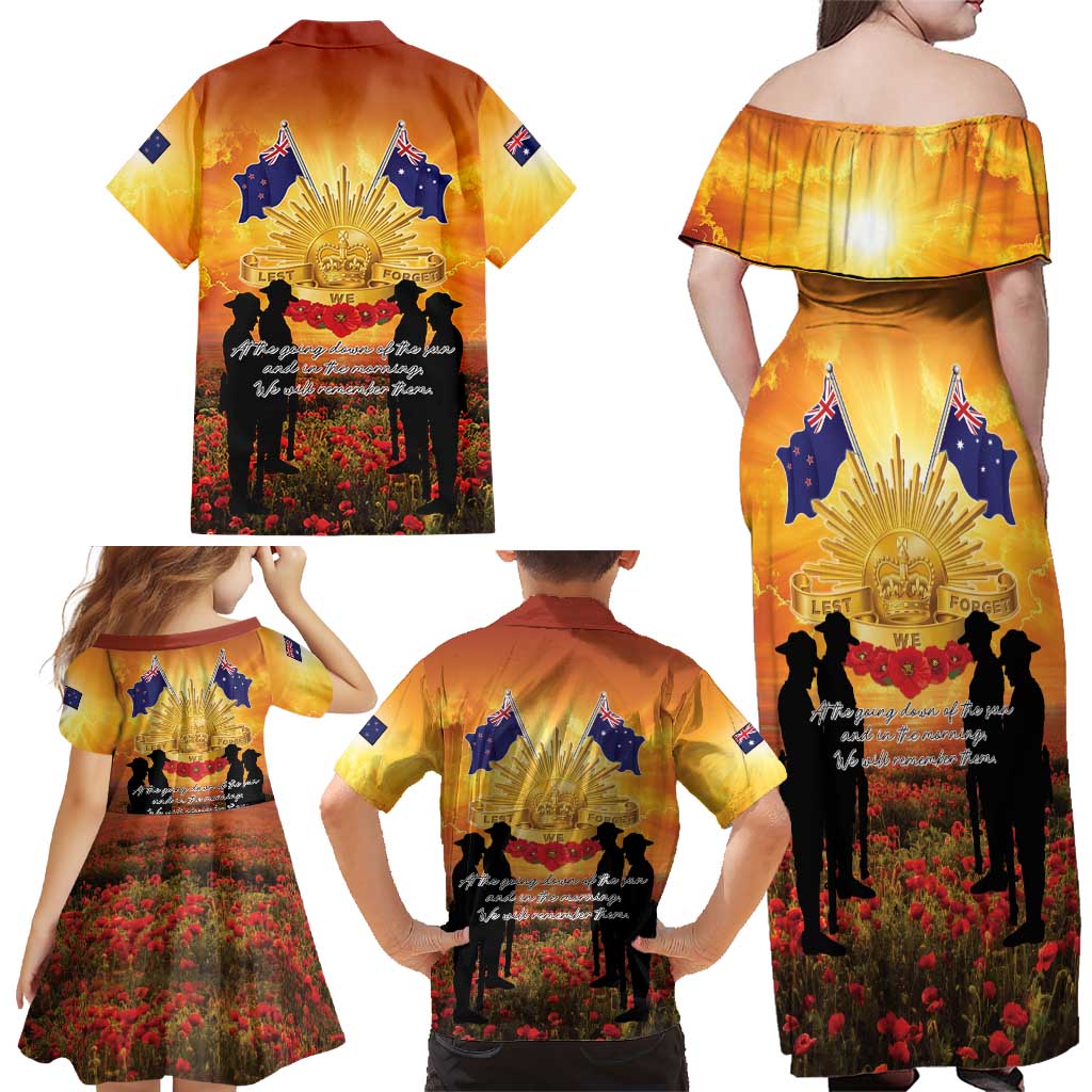ANZAC Day Family Matching Off Shoulder Maxi Dress and Hawaiian Shirt Remembrance Tribute Soldiers And Poppy Field