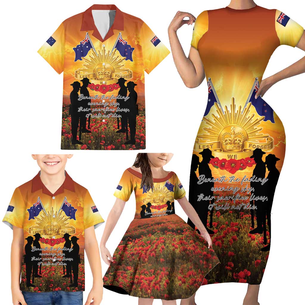 ANZAC Day Family Matching Short Sleeve Bodycon Dress and Hawaiian Shirt Remembrance Tribute Soldiers And Poppy Field