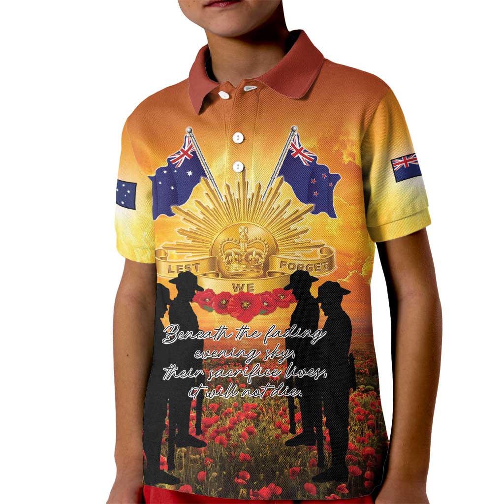 ANZAC Day Kid Polo Shirt Remembrance Tribute Soldiers And Poppy Field
