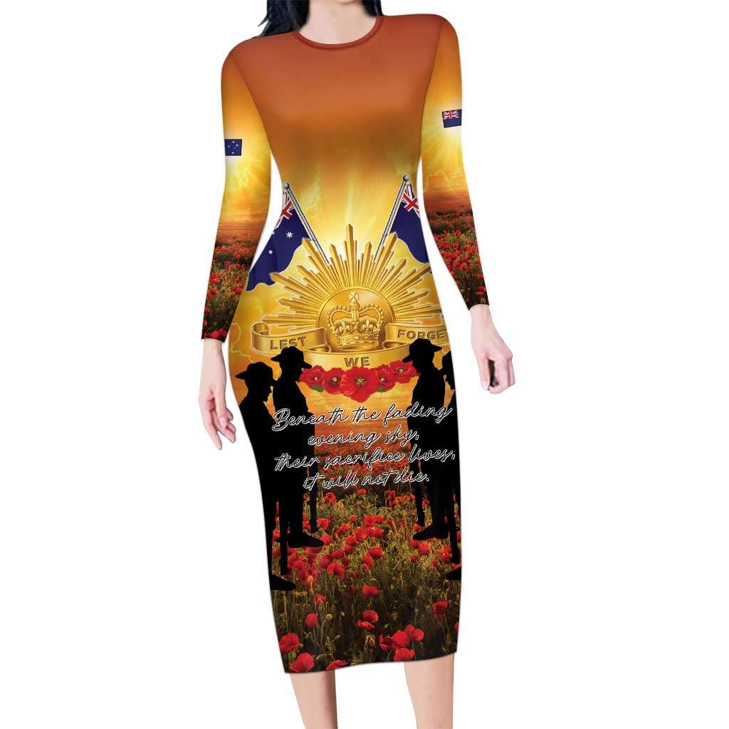 ANZAC Day Long Sleeve Bodycon Dress Remembrance Tribute Soldiers And Poppy Field