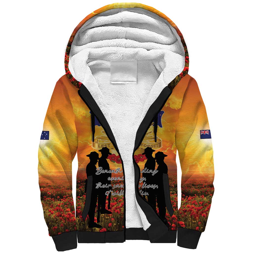 ANZAC Day Sherpa Hoodie Remembrance Tribute Soldiers And Poppy Field