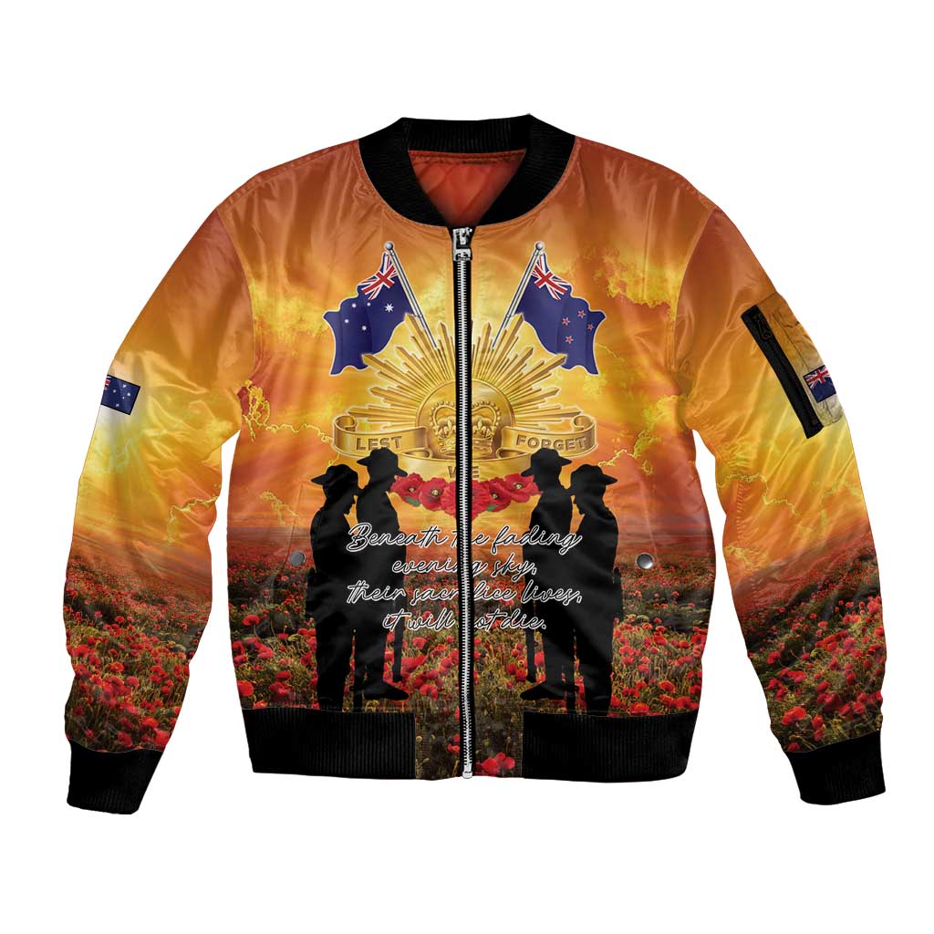 ANZAC Day Sleeve Zip Bomber Jacket Remembrance Tribute Soldiers And Poppy Field LT05 Unisex Orange - Polynesian Pride