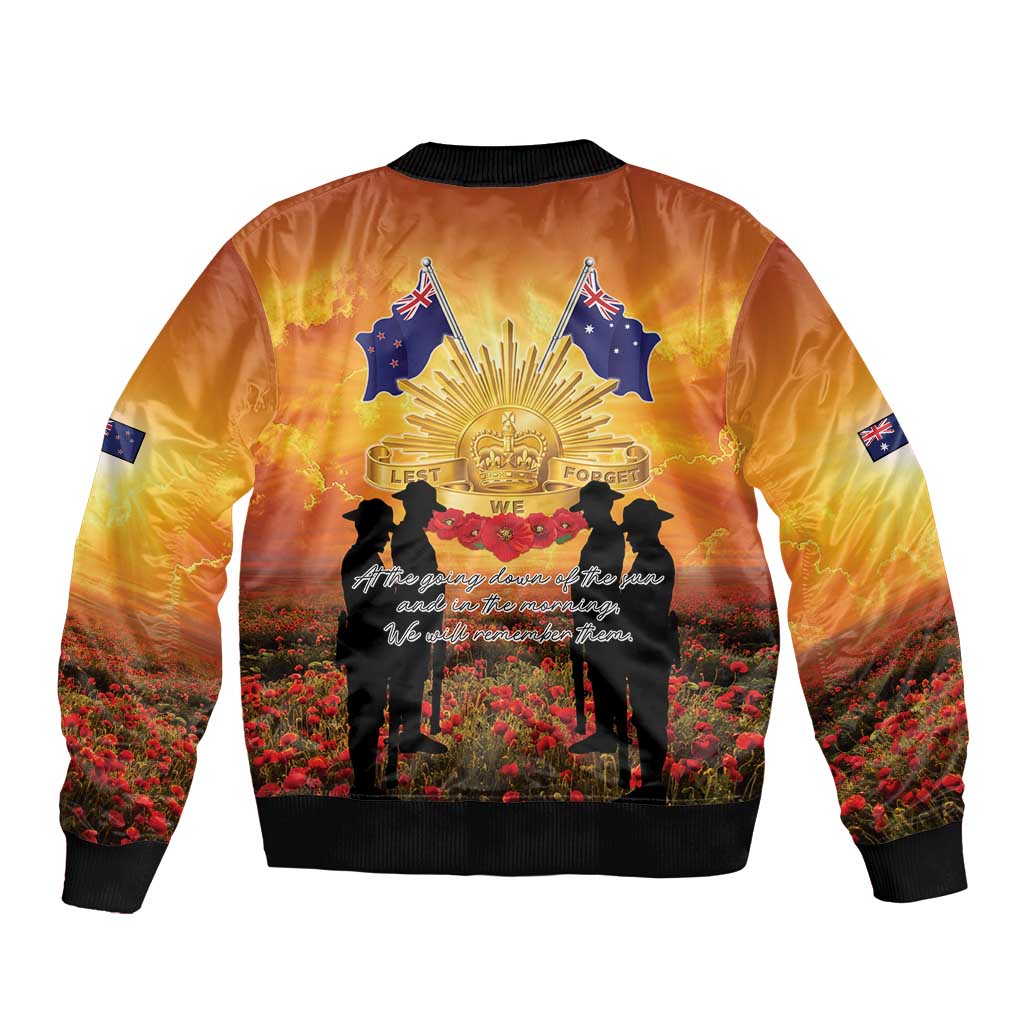 ANZAC Day Sleeve Zip Bomber Jacket Remembrance Tribute Soldiers And Poppy Field LT05 - Polynesian Pride