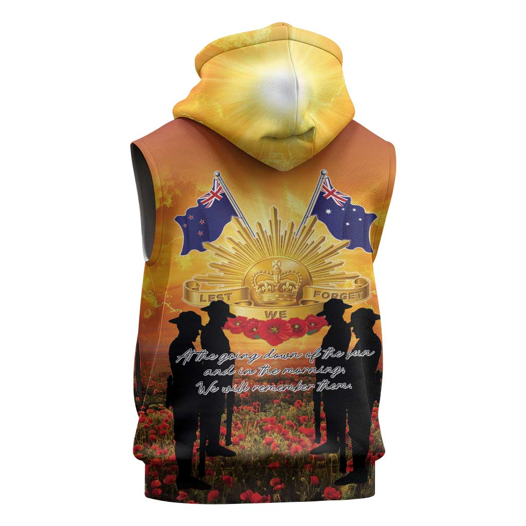 ANZAC Day Sleeveless Hoodie Remembrance Tribute Soldiers And Poppy Field