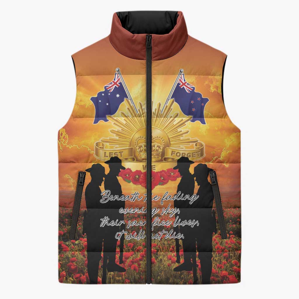 ANZAC Day Sleeveless Puffer Jacket Remembrance Tribute Soldiers And Poppy Field