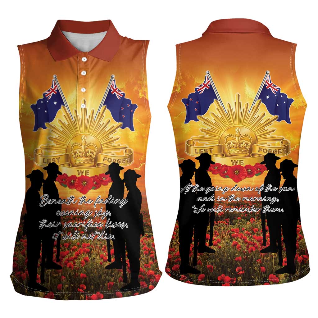 ANZAC Day Women Sleeveless Polo Shirt Remembrance Tribute Soldiers And Poppy Field