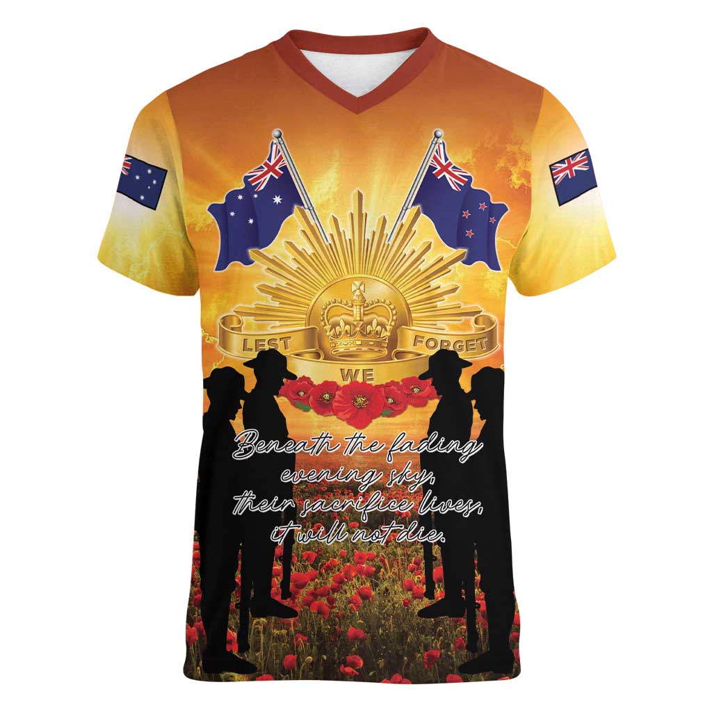 ANZAC Day Women V-Neck T-Shirt Remembrance Tribute Soldiers And Poppy Field