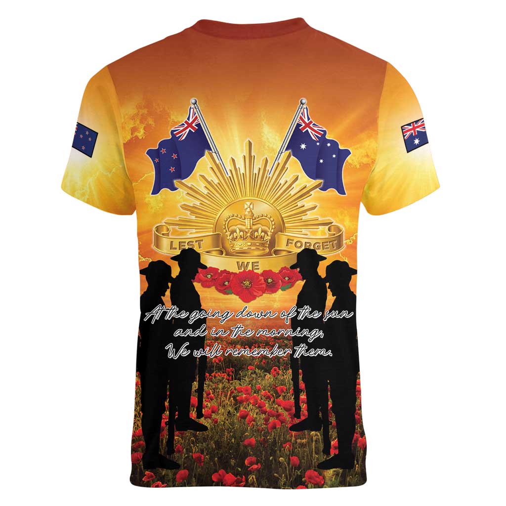 ANZAC Day Women V-Neck T-Shirt Remembrance Tribute Soldiers And Poppy Field