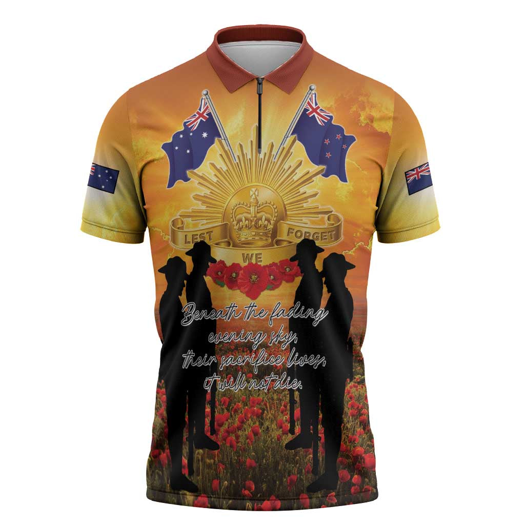 ANZAC Day Zipper Polo Shirt Remembrance Tribute Soldiers And Poppy Field LT05 Orange - Polynesian Pride