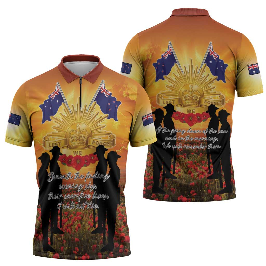 ANZAC Day Zipper Polo Shirt Remembrance Tribute Soldiers And Poppy Field LT05 - Polynesian Pride