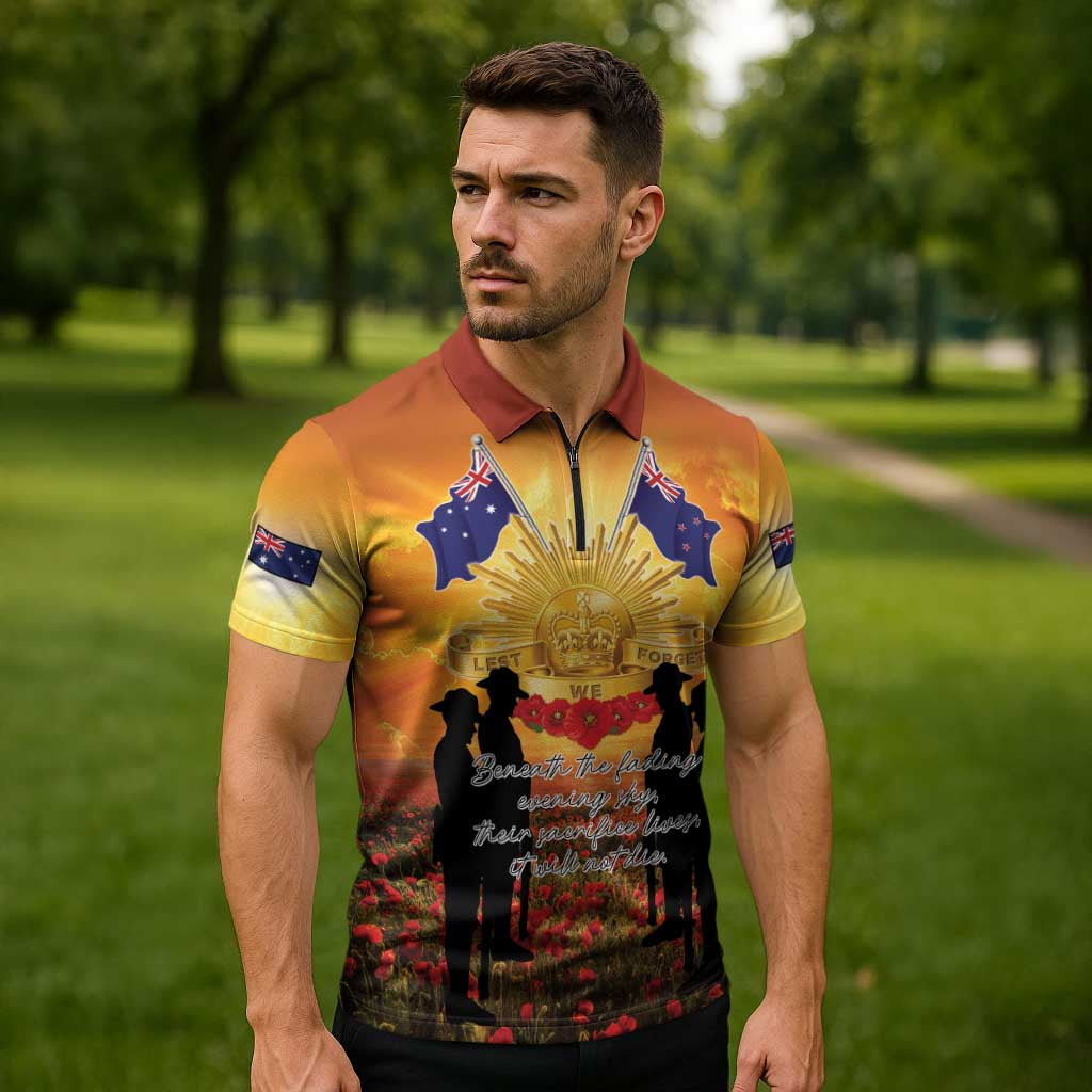 ANZAC Day Zipper Polo Shirt Remembrance Tribute Soldiers And Poppy Field LT05 - Polynesian Pride
