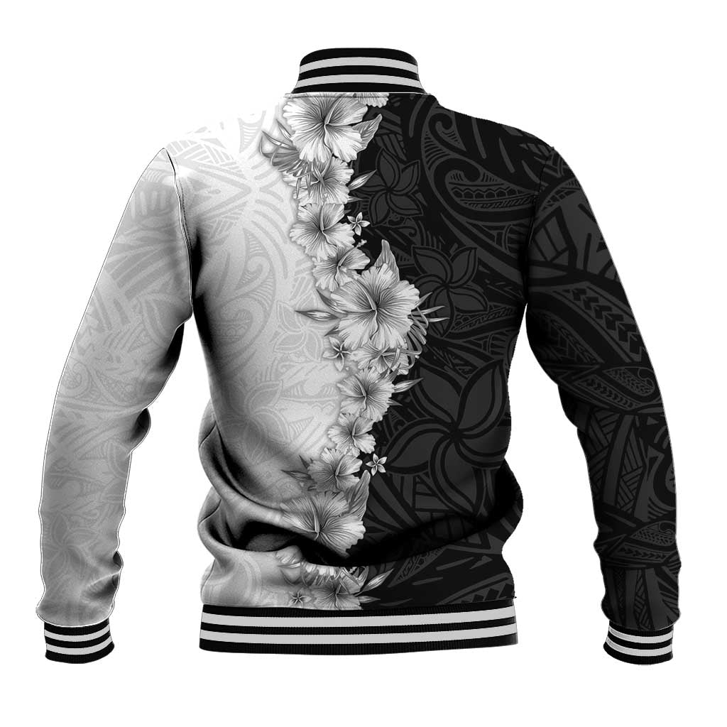 Hawaii Hibiscus Flowers Baseball Jacket Grayscale Polynesian Pattern
