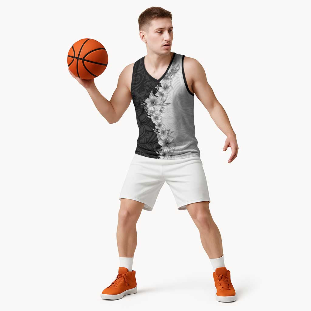 Hawaii Hibiscus Flowers Basketball Jersey Grayscale Polynesian Pattern