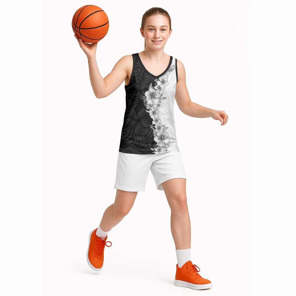 Hawaii Hibiscus Flowers Basketball Jersey Grayscale Polynesian Pattern