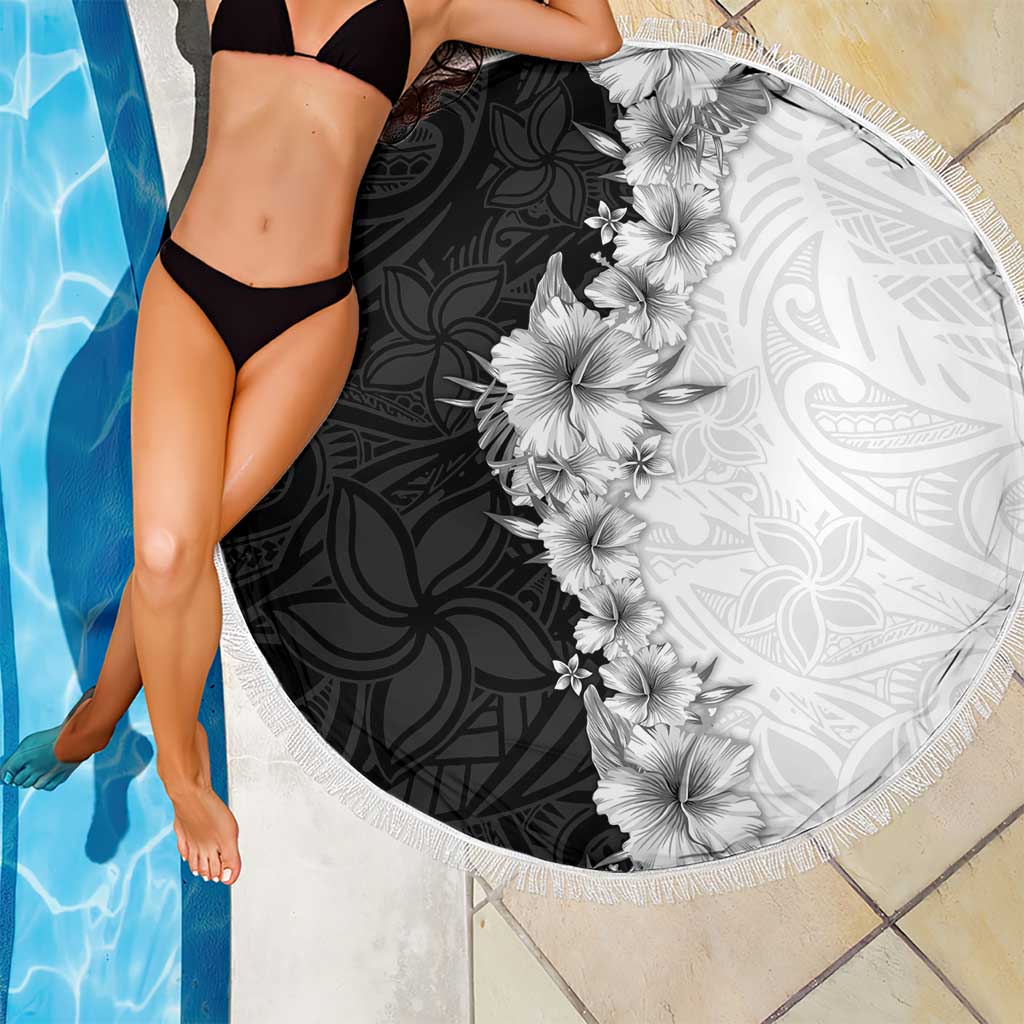 Hawaii Hibiscus Flowers Beach Blanket Grayscale Polynesian Pattern