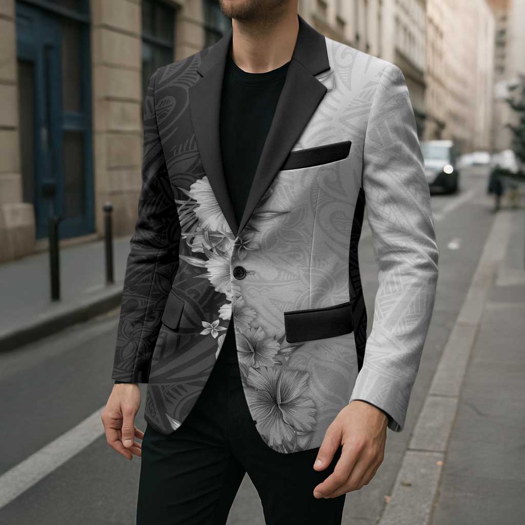 Hawaii Hibiscus Flowers Blazer Grayscale Polynesian Pattern