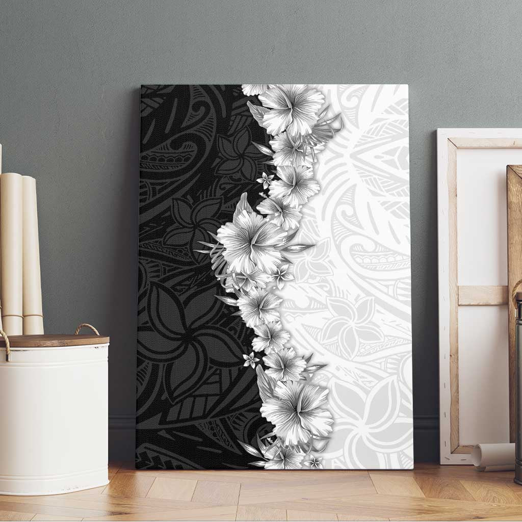 Hawaii Hibiscus Flowers Canvas Wall Art Grayscale Polynesian Pattern