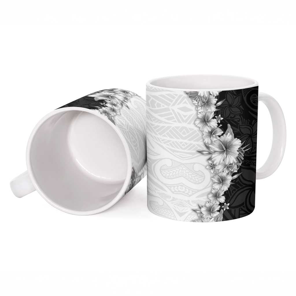Hawaii Hibiscus Flowers Ceramic Mug Grayscale Polynesian Pattern