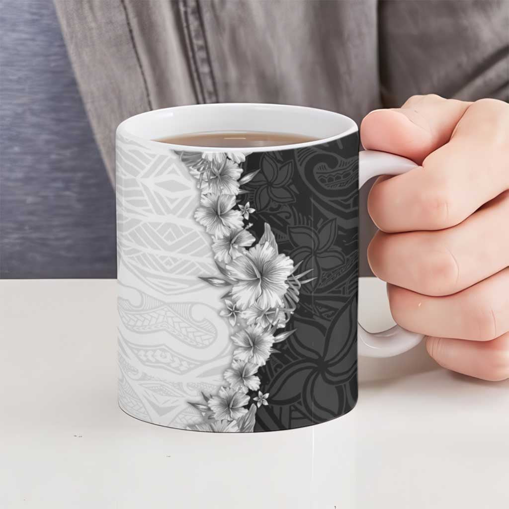 Hawaii Hibiscus Flowers Ceramic Mug Grayscale Polynesian Pattern