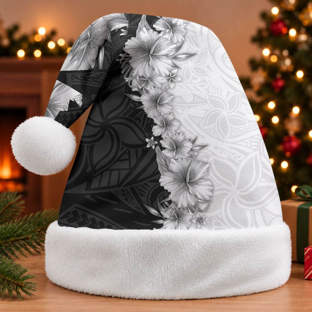 Hawaii Hibiscus Flowers Christmas Santa Hat Grayscale Polynesian Pattern LT05 Without Fur Black - Polynesian Pride