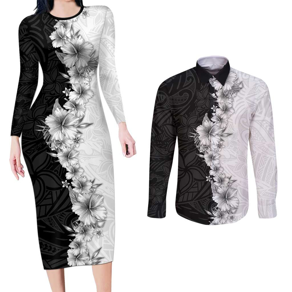 Hawaii Hibiscus Flowers Couples Matching Long Sleeve Bodycon Dress and Long Sleeve Button Shirt Grayscale Polynesian Pattern