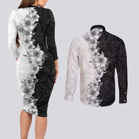 Hawaii Hibiscus Flowers Couples Matching Long Sleeve Bodycon Dress and Long Sleeve Button Shirt Grayscale Polynesian Pattern