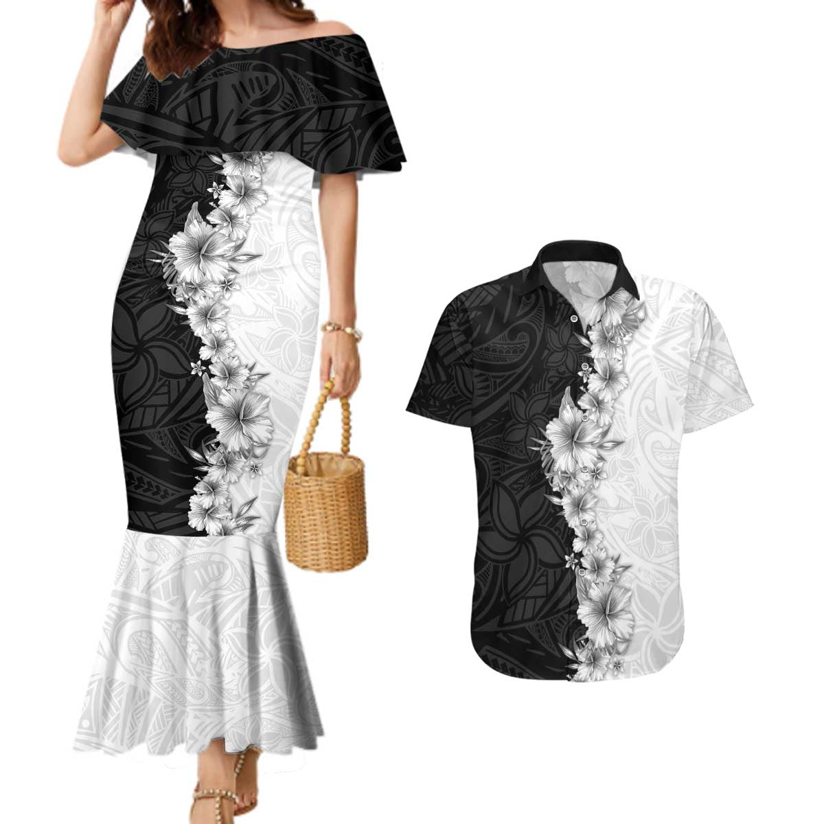 Hawaii Hibiscus Flowers Couples Matching Mermaid Dress and Hawaiian Shirt Grayscale Polynesian Pattern