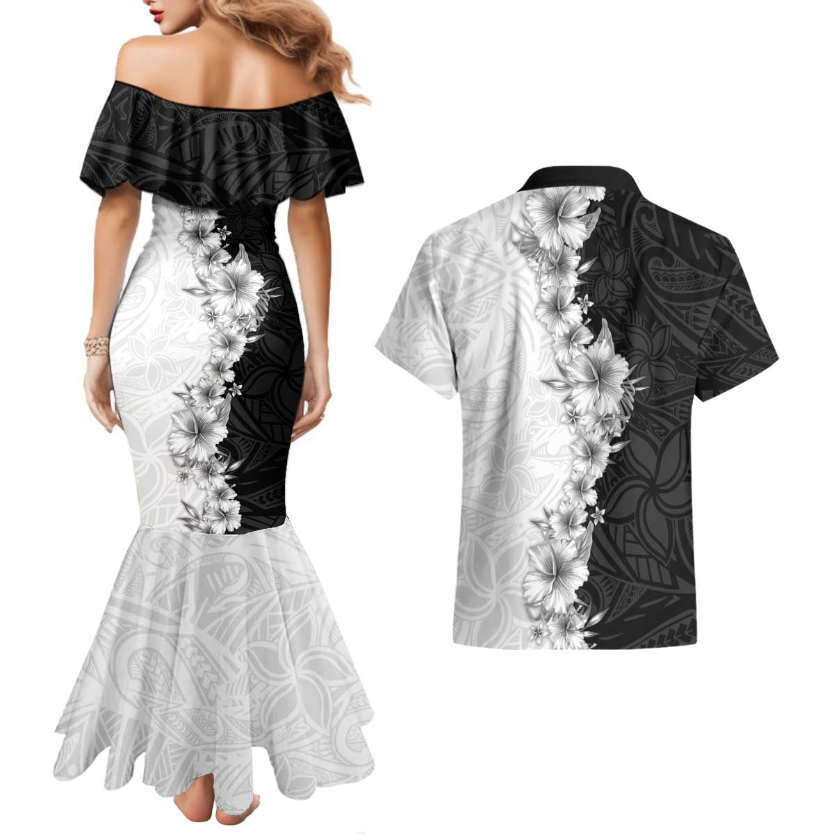 Hawaii Hibiscus Flowers Couples Matching Mermaid Dress and Hawaiian Shirt Grayscale Polynesian Pattern