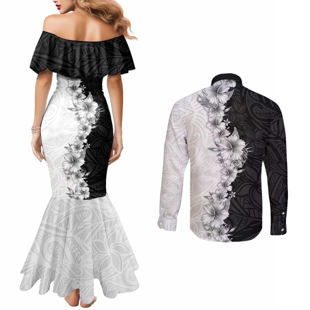 Hawaii Hibiscus Flowers Couples Matching Mermaid Dress and Long Sleeve Button Shirt Grayscale Polynesian Pattern