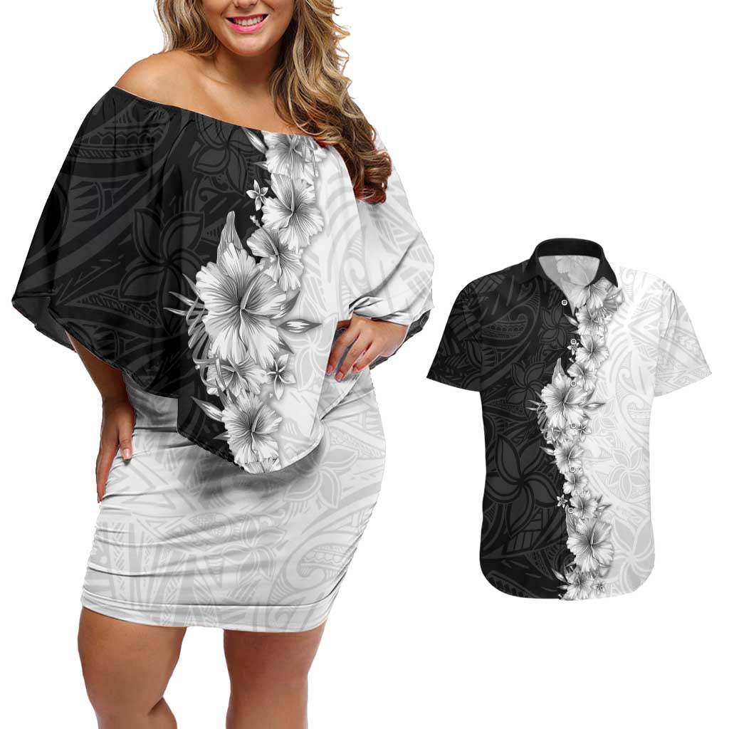 Hawaii Hibiscus Flowers Couples Matching Off Shoulder Short Dress and Hawaiian Shirt Grayscale Polynesian Pattern